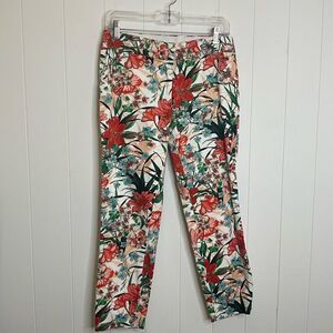 Womens Size Small Straight Leg Pants White Red Floral Print Zip Front Pockets